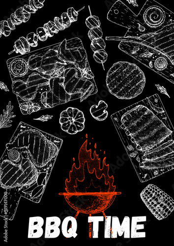 Grilled meat frame. Barbecue dishes hand-drawn. Bbq grill food sketch. Vector illustration. Engraved design.