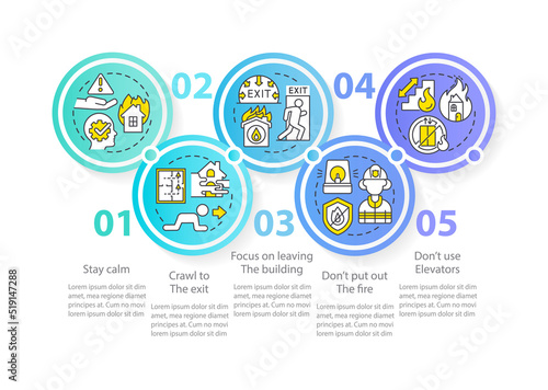 Escape house from fire circle infographic template. Crawl to exit. Data visualization with 5 steps. Editable timeline info chart. Workflow layout with line icons. Myriad Pro-Bold, Regular font used