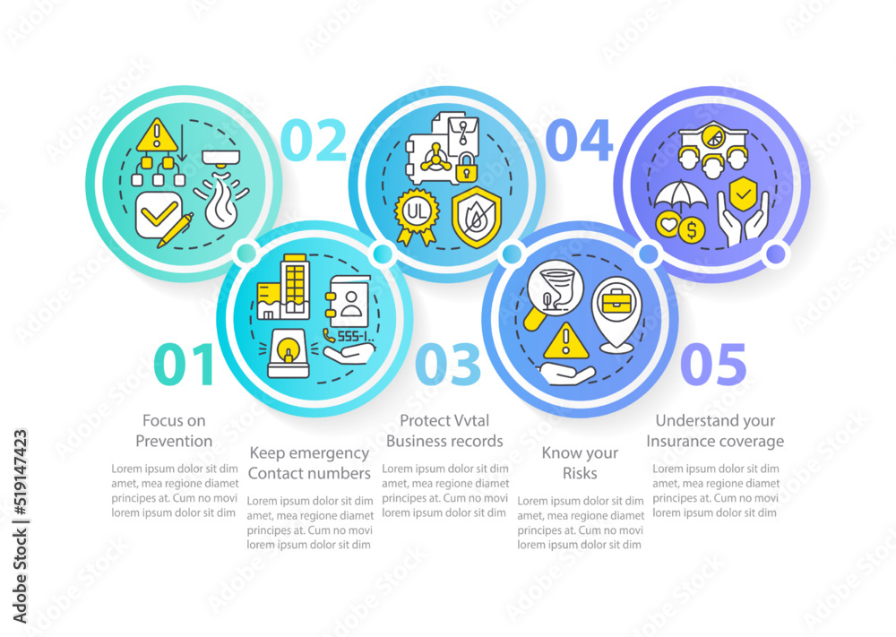 Business disaster planning circle infographic template. Data visualization with 5 steps. Editable timeline info chart. Workflow layout with line icons. Myriad Pro-Bold, Regular font used Business disaster planning circle infographic template. Data visualization with 5 steps. Editable timeline info chart. Workflow layout with line icons. Myriad Pro-Bold, Regular font used