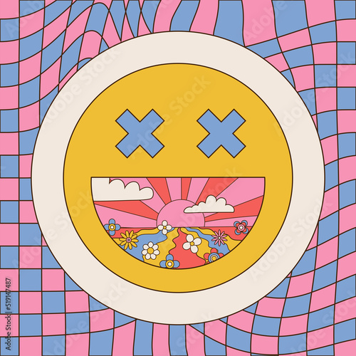 Card with bog smile face and groovy landscape in open mouth. Vector cartoon linear illustration. Smiley face with trippy lsd acid print for t-shirt, poster, sticker