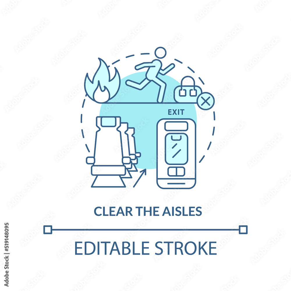Clear aisles turquoise concept icon. Surviving plane crash abstract idea thin line illustration. Emergency evacuation. Isolated outline drawing. Editable stroke. Arial, Myriad Pro-Bold fonts used Clear aisles turquoise concept icon. Surviving plane crash abstract idea thin line illustration. Emergency evacuation. Isolated outline drawing. Editable stroke. Arial, Myriad Pro-Bold fonts used