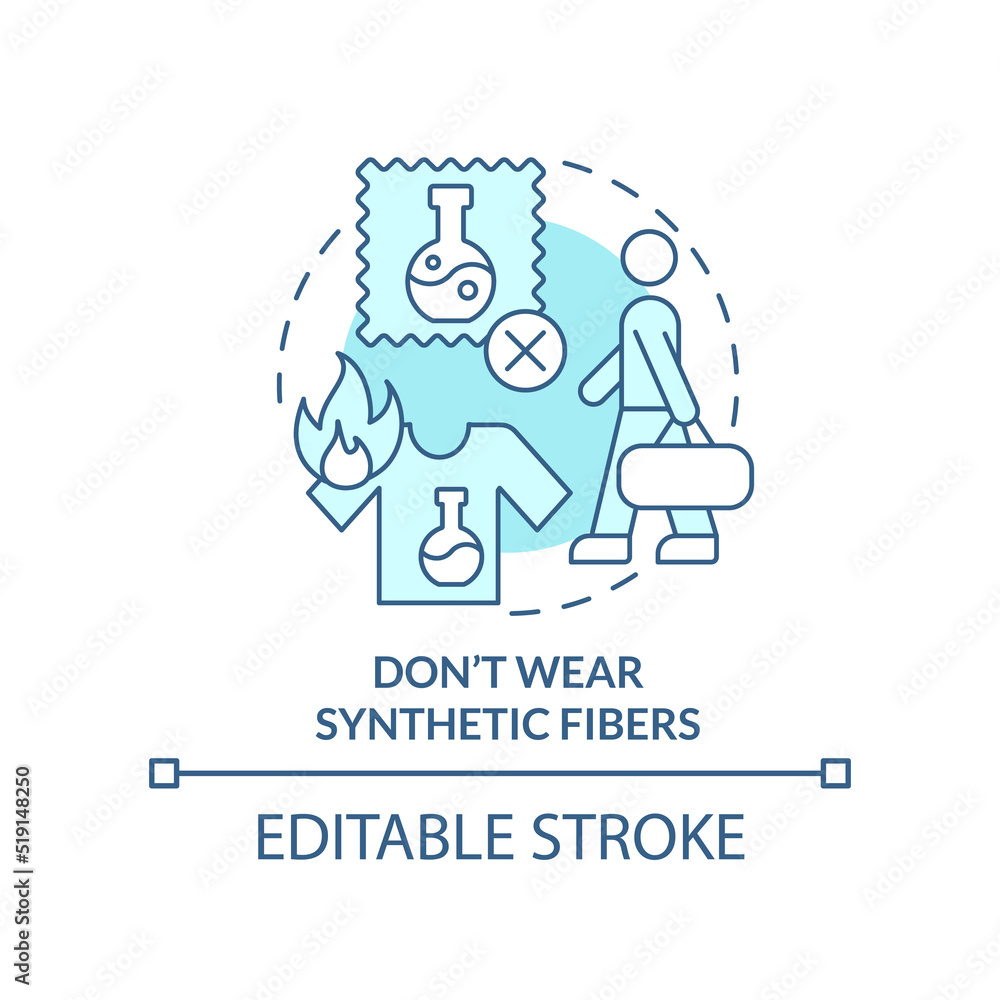 Dont wear synthetic fibers turquoise concept icon. Surviving plane crash abstract idea thin line illustration. Isolated outline drawing. Editable stroke. Arial, Myriad Pro-Bold fonts used