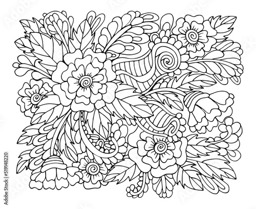 Coloring page bouquet of flowers thin line art. Floral pattern of garden plants. Hand drawn vector illustration. Simple doodle. Summer coloring book for children and adults.