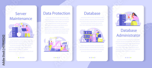 Data base administrator mobile application banner set. Manager working