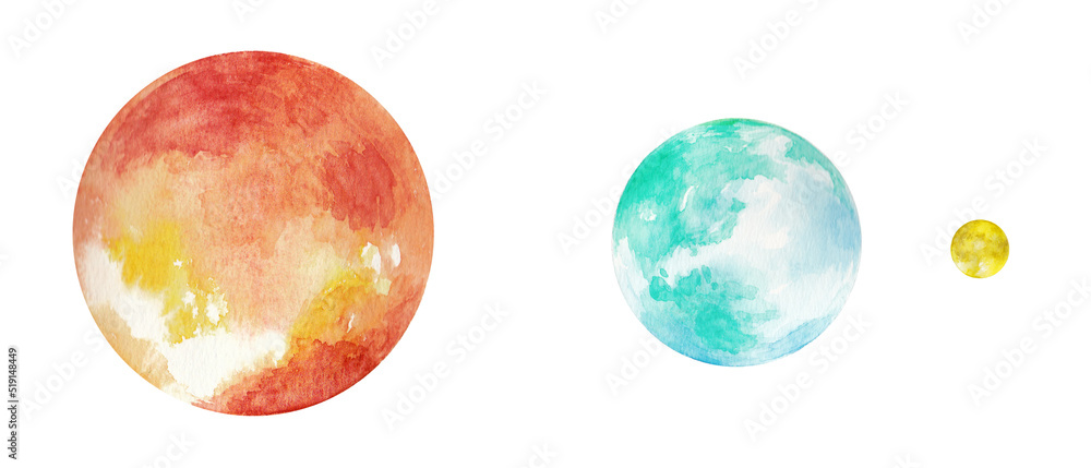 水彩で描いた太陽と地球と月のイラスト 挿絵 背景イラスト 水彩で描いた太陽と地球と月のイラスト 挿絵 背景イラスト