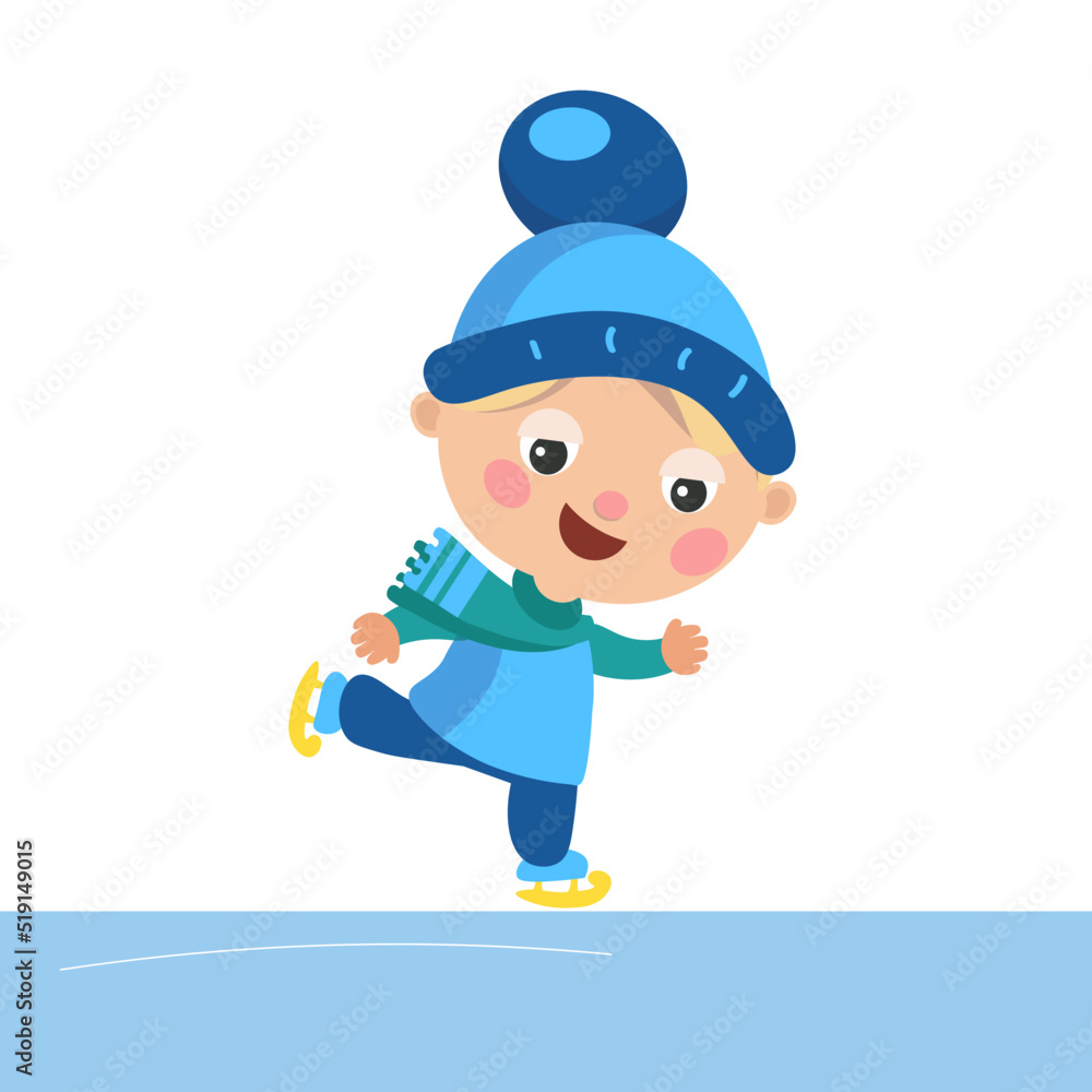 Cute boy ice skating in winter. Character for design. Christmas sticker, postcard. Vector illustration. Cute boy ice skating in winter. Character for design. Christmas sticker, postcard. Vector illustration.