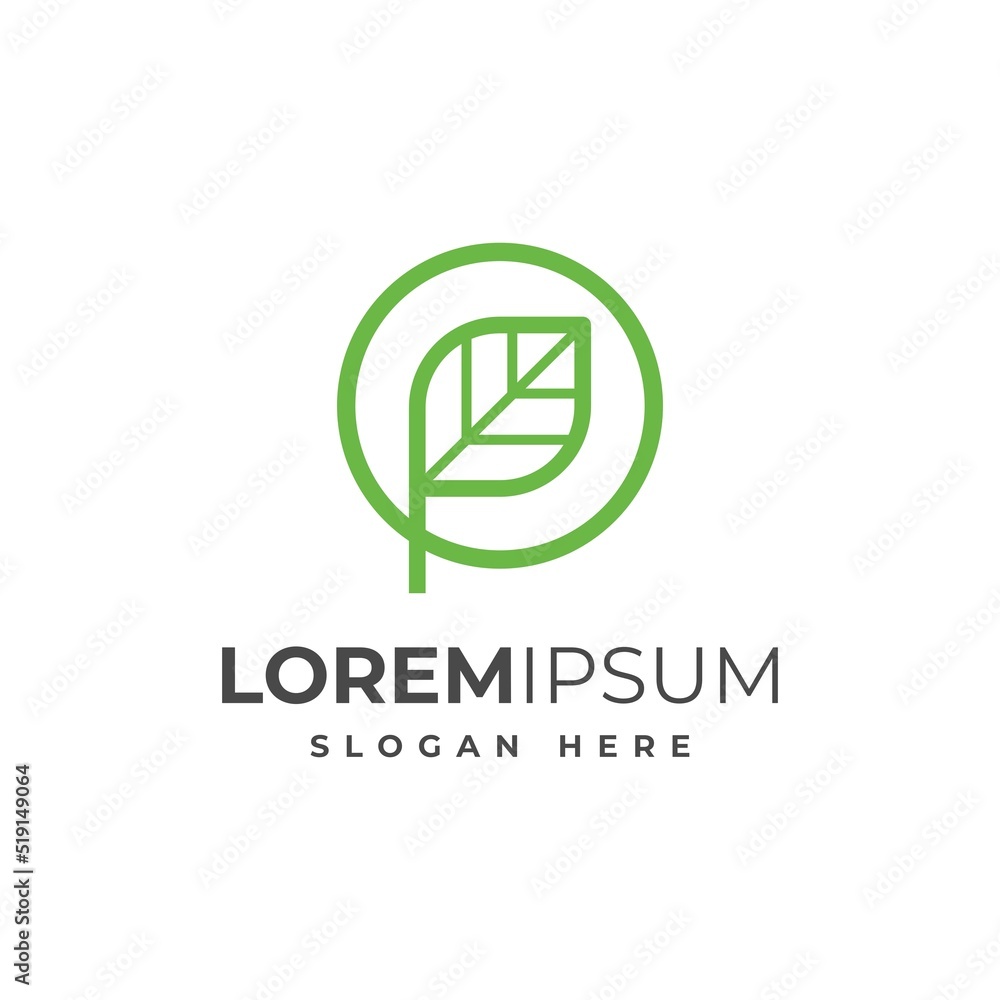 Minimalist Letter P with Leaf Outline Circle logo design concept Minimalist Letter P with Leaf Outline Circle logo design concept