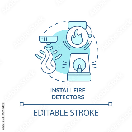 Install fire detectors turquoise concept icon. Wild fire safety abstract idea thin line illustration. Smoke alarms. Isolated outline drawing. Editable stroke. Arial, Myriad Pro-Bold fonts used