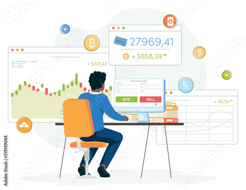 Exchange. Man trading in forex. Finance graphic windows with financial charts, diagrams and graphs. Trading at home. illustration with icoons  photo