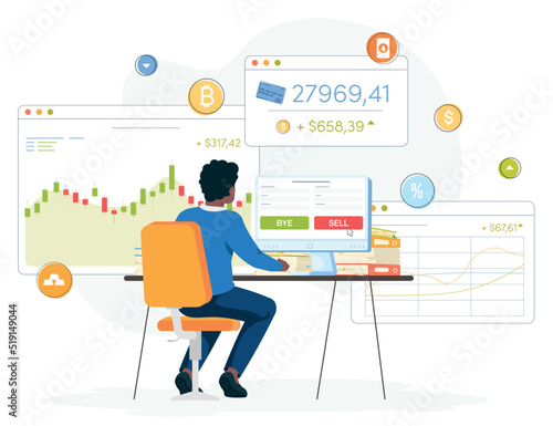 Exchange. Man trading in forex. Finance graphic windows with financial charts, diagrams and graphs. Trading at home. illustration with icoons 