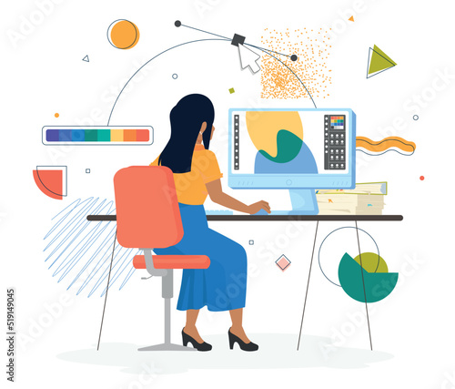 Graphic designer at work. Design studio worker. Digital artist at creation project process working at computer. Woman sit back