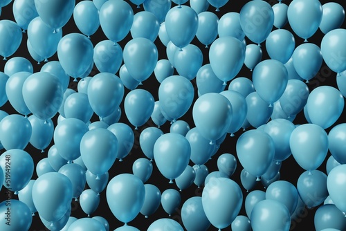 Blue balloons on a dark background. Concept for the release of balloons, balloons inflated with air. 3d rendering, 3d illustration.