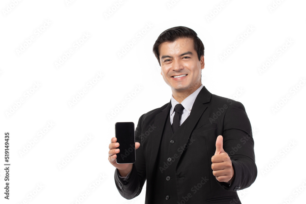 Portrait young businessman working on new tablet, mobile phone in white studio. Portrait of a confident business man in black suit feeling happy and smile holding tablet or mobile phone Portrait young businessman working on new tablet, mobile phone in white studio. Portrait of a confident business man in black suit feeling happy and smile holding tablet or mobile phone