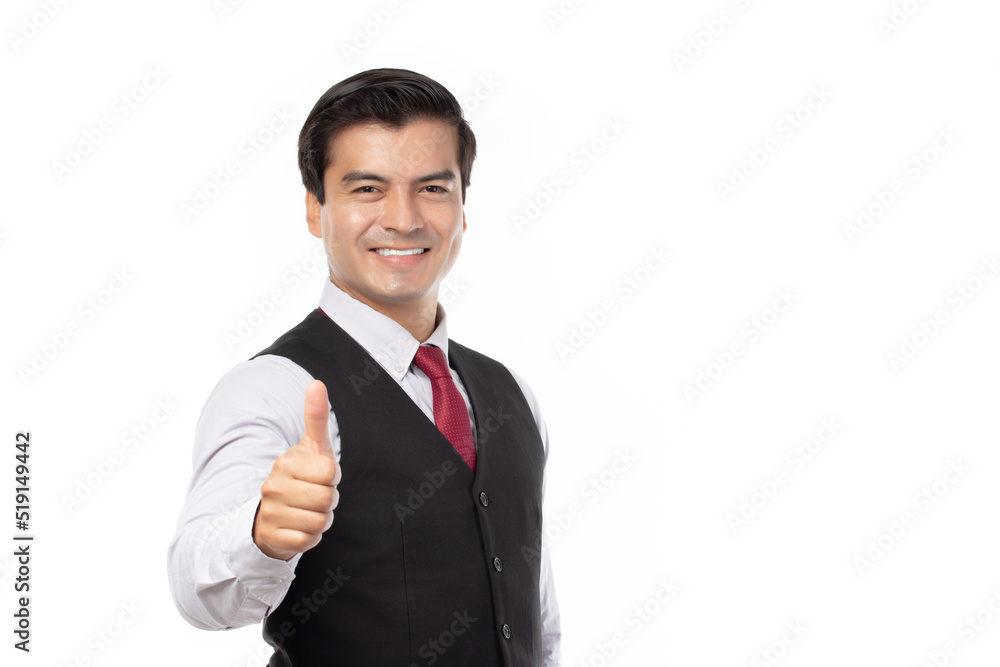 Portrait happy young business man touching in empty screen isolated on white background. Portrait happy young business man touching in empty screen isolated on white background.