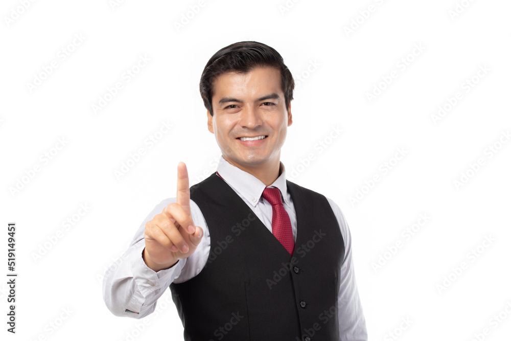 Portrait happy young business man touching in empty screen isolated on white background. Portrait happy young business man touching in empty screen isolated on white background.