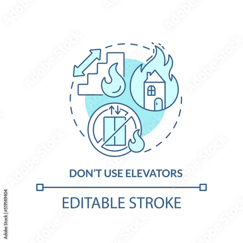 Dont use elevators turquoise concept icon. Escape house from fire abstract idea thin line illustration. Stucking risk. Isolated outline drawing. Editable stroke. Arial, Myriad Pro-Bold fonts used