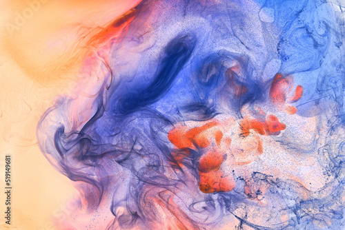 Liquid fluid art abstract background. Orange blue acrylic paint underwater, galactic smoke ocean © amixstudio