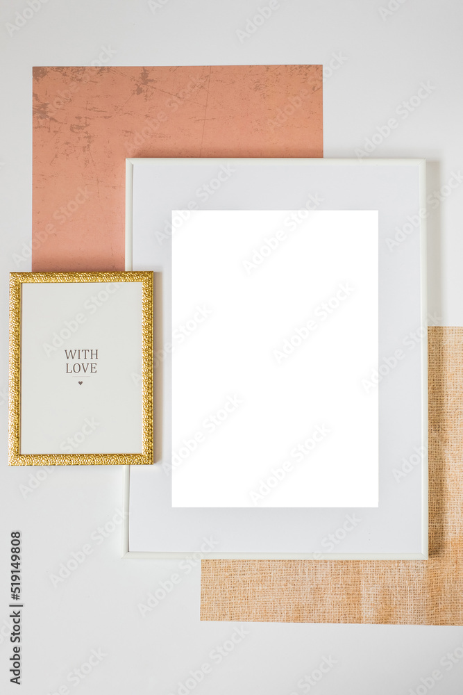 Fototapeta premium Mock up poster. Minimal template with empty picture frame mock up. White background, boho