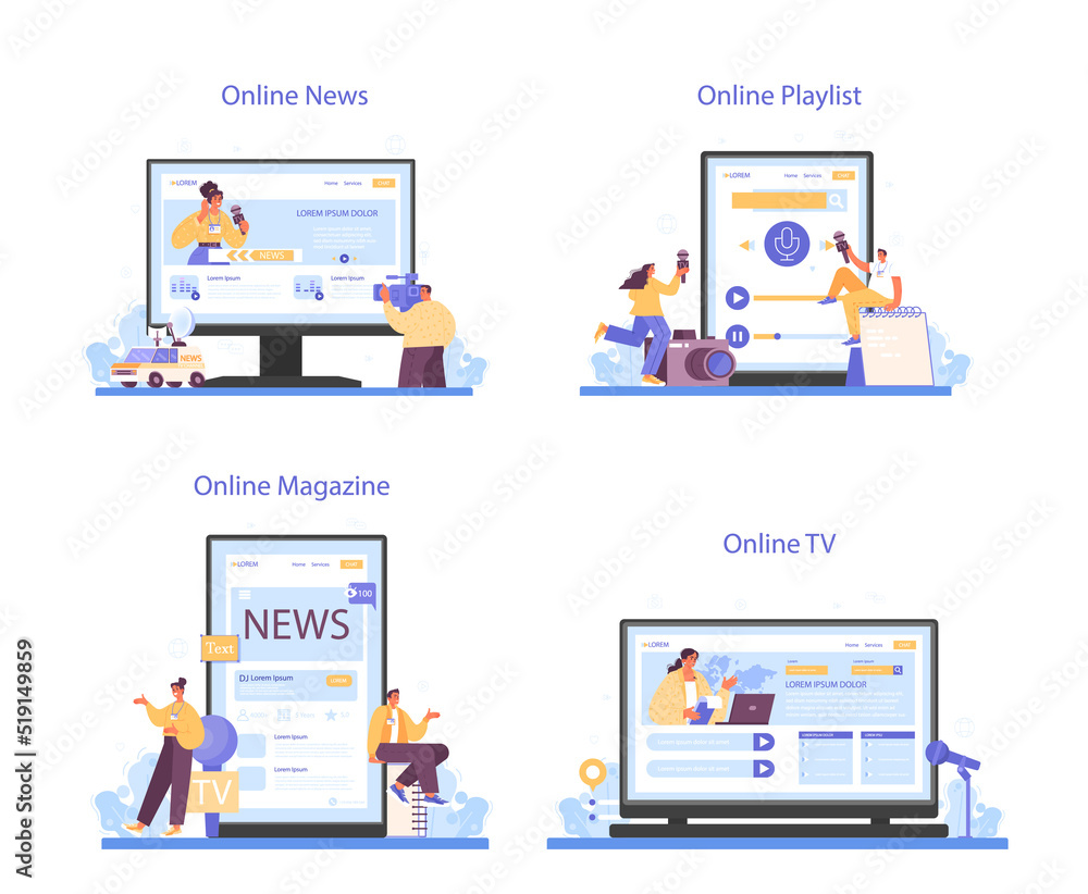 TV presenter online service or platform set. Journalist hosting an entertaining TV presenter online service or platform set. Journalist hosting an entertaining