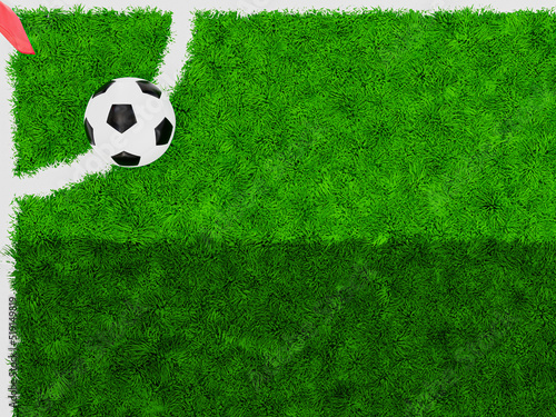 3d football or soccer grass field. close-up 3d Corner kick spot grass texture. Soccer ball from the top view on a white line of corner kick area of football pitch. 3d rendering illustration.