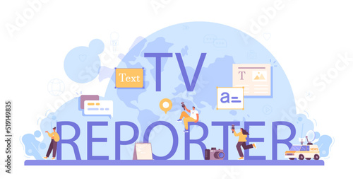 TV reporter typographic header. Journalist in a studio hosting an entertaining