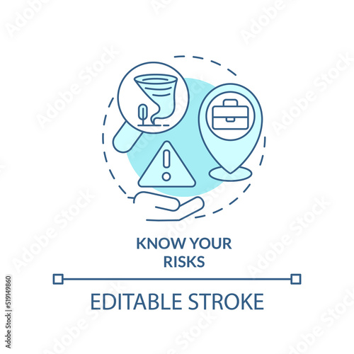 Know risks turquoise concept icon. Prepare business for disaster abstract idea thin line illustration. Safety procedures. Isolated outline drawing. Editable stroke. Arial, Myriad Pro-Bold fonts used