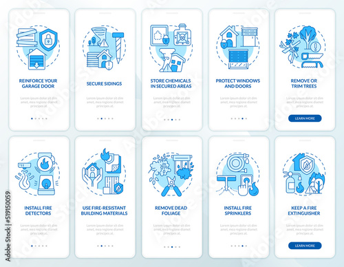 Disasters precautionary measures blue onboarding mobile app screen set. Walkthrough 5 steps editable graphic instruction with linear concepts. UI, UX, GUI template. Myriad Pro-Bold, Regular fonts used