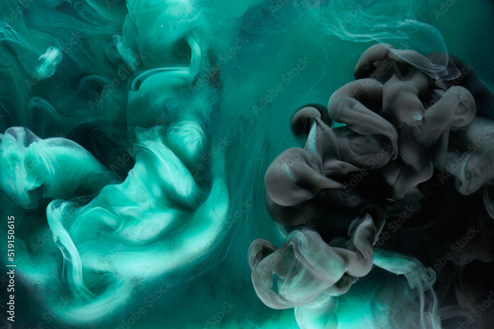 Fototapeta premium Liquid fluid art abstract background. Blue green acrylic paint underwater, galactic smoke ocean