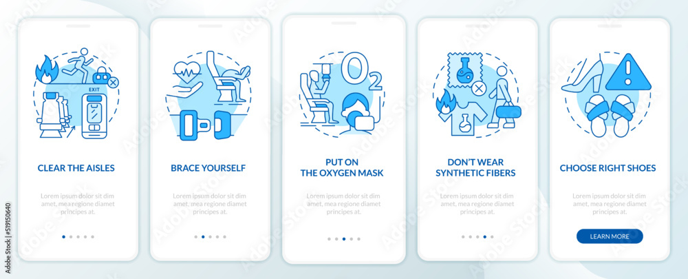 Surviving air accident blue onboarding mobile app screen. Walkthrough 5 steps editable graphic instructions with linear concepts. UI, UX, GUI template. Myriad Pro-Bold, Regular fonts used
