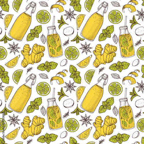 Kombucha tea and ingredients for kombucha seamless pattern. Lemonade background design. Hand drawn vector illustration. Kombucha or cold lemonade package design template.
