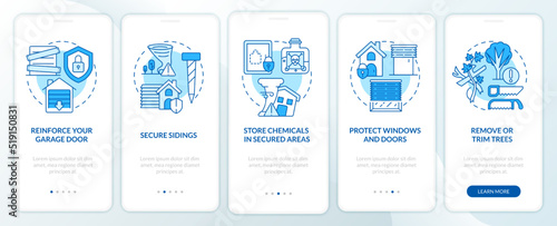 Safety precautions for hurricanes blue onboarding mobile app screen. Walkthrough 5 steps editable graphic instructions with linear concepts. UI, UX, GUI template. Myriad Pro-Bold, Regular fonts used