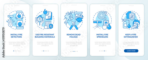 Surviving wildfire at home blue onboarding mobile app screen. Walkthrough 5 steps editable graphic instructions with linear concepts. UI, UX, GUI template. Myriad Pro-Bold, Regular fonts used