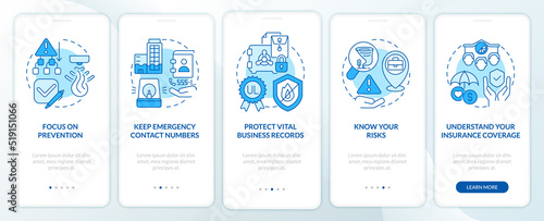 Business disaster planning blue onboarding mobile app screen. Walkthrough 5 steps editable graphic instructions with linear concepts. UI, UX, GUI template. Myriad Pro-Bold, Regular fonts used