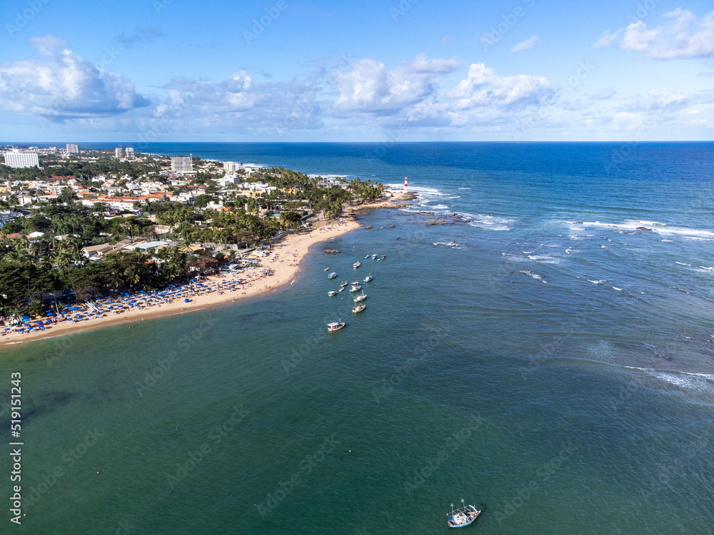 Beautiful Itapuã beach with clear blue water in urban coastal setting in Salvador, Bahia, Brazil