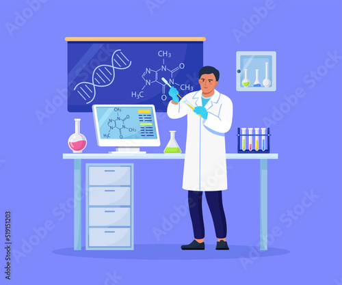 Man chemist with flasks with liquid in hand. Scientist is experimenting with equipment for vaccine discovery in lab. Doctor working on antiviral treatment development