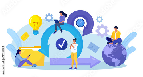 Scrum Framework concept. Scrum process diagram as agile software development scheme. Team discussing tasks at Kanban board and working on laptop. Business meeting. Project management work cycle