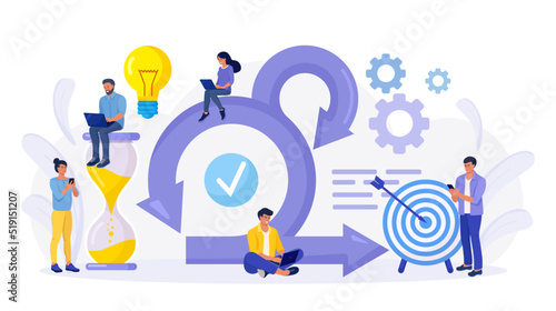 Scrum Framework concept. Scrum process diagram as agile software development scheme. Team discussing tasks at Kanban board and working on laptop. Business meeting. Project management work cycle