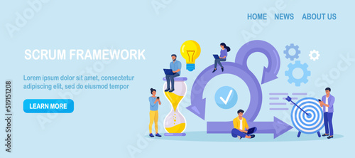 Scrum Framework concept. Scrum process diagram as agile software development scheme. Team discussing tasks at Kanban board and working on laptop. Business meeting. Project management work cycle