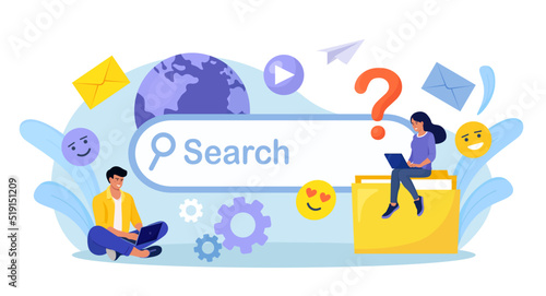 People Use Search Bar. Searching Information in Internet, Communication in Social Network. Characters Using Phone and Laptop for Searching Info in Web Browser. Search Engine Optimization and Analytics