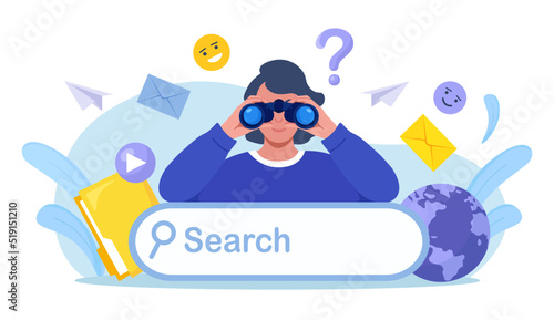 Woman looking for new business or career opportunities. Person looking into future choosing direction of development. Curious characters looking through binoculars. Business research, web surfing