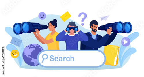 Employees looking for new business or career opportunities. People looking into future choosing direction of development. Curious characters looking through binoculars. Business research, web surfing