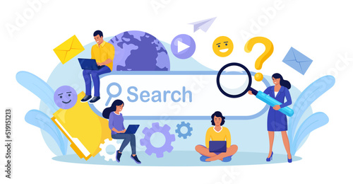People Use Search Bar. Searching Information in Internet, Communication in Social Network. Characters Using Phone and Laptop for Searching Info in Web Browser. Search Engine Optimization and Analytics
