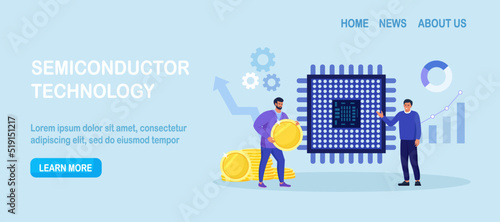 Semiconductor shortage. Businessman gives dollar coins for microchip. Computer chip supply chain shortage due, electronics manufacturing problem. Buyer pay high price for micro CPU