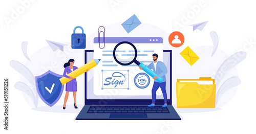 Business woman signing contract with digital pen on laptop. Electronic contract with digital signature. Businessmen make online deal with e-signature. Safe agreement conclusion, business partnership
