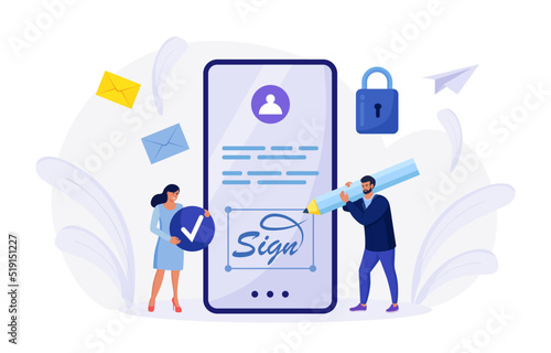 Businessman signing contract with digital pen on phone screen. Electronic contract with digital signature. Businessmen make online deal with e-signature. Agreement conclusion, business partnership