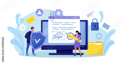 Business woman signing contract with digital pen on computer. Electronic contract with digital signature. Businessmen make online deal with e-signature. Safe agreement conclusion, business partnership