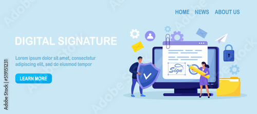 Business woman signing contract with digital pen on laptop. Electronic contract with digital signature. Businessmen make online deal with e-signature. Safe agreement conclusion, business partnership