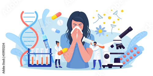Woman with allergy from pollen. Runny nose and watery eyes. Seasonal disease. Illness with cough, cold, sneeze symptoms. Doctor treat allergy with medicines, pills. Examination in clinic