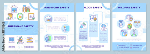 Natural disasters safety measures blue brochure template. Leaflet design with linear icons. Editable 4 vector layouts for presentation, annual reports. Arial-Black, Myriad Pro-Regular fonts used