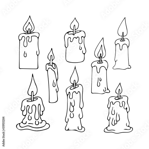 Set of candles line art. Paraffin burning candle for cake and light. Festive decoration. Aromatherapy. Wick, flame, wax. Hand drawn vector doodle illustration. Outline drawing.